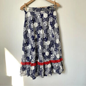 Elegant Blue and White Midi Skirt with Red Accents